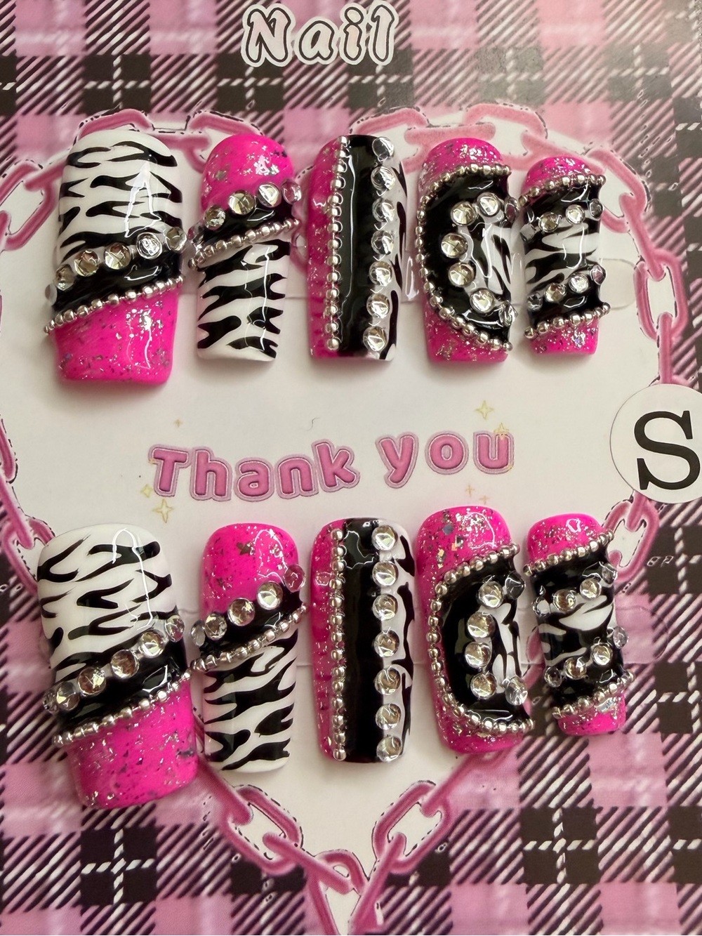 Handmade Trendy Pink Zebra Rhinestone Press-On Nail Set